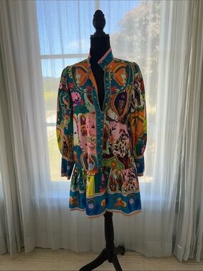 Colorful Printed Long-Sleeve Mini Dress in Teal & Pink